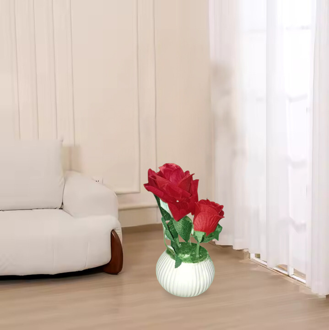 Artificial Red Rose Flower Arrangement in a White Ribbed Ceramic Vase for Home Decor