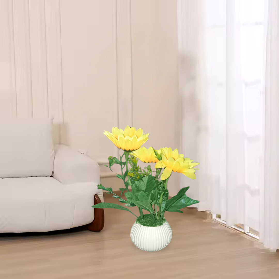 Artificial Yellow Sunflower Arrangement in Ribbed White Vase for Shelf Decor