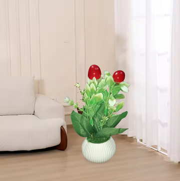 Artificial Greenery & Red Berries in Ribbed White Vase for Wall Shelf Decor